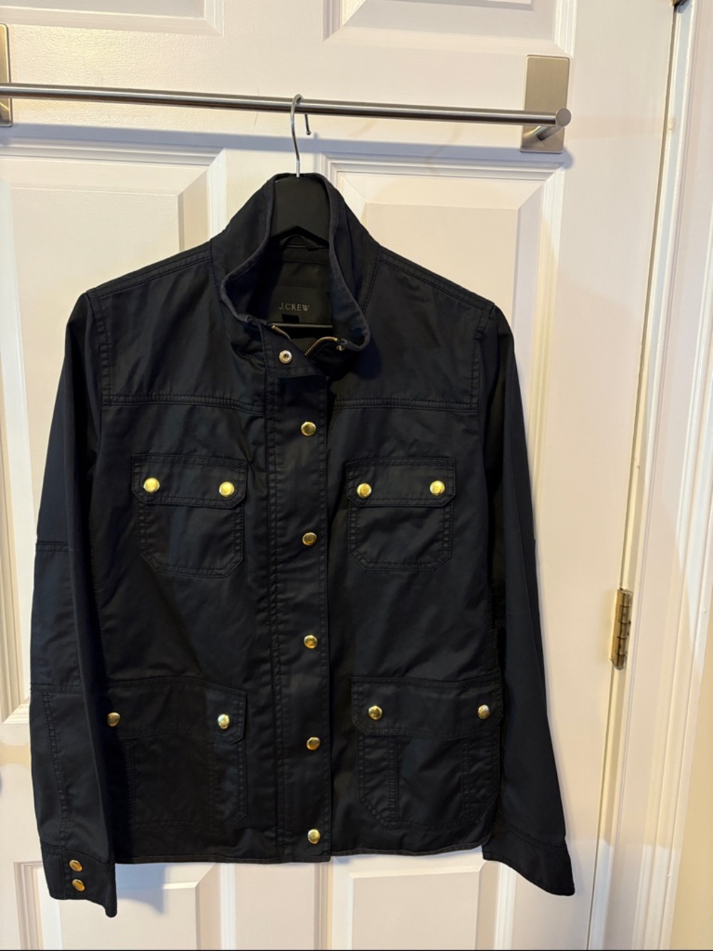 J.Crew Black Waxed Cotton
Jacket with Gold Snaps